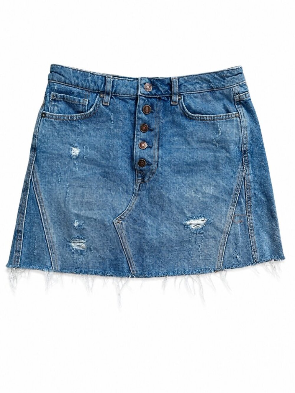 We The Free Light Wash Distressed Button Front Denim Mini Skirt 30